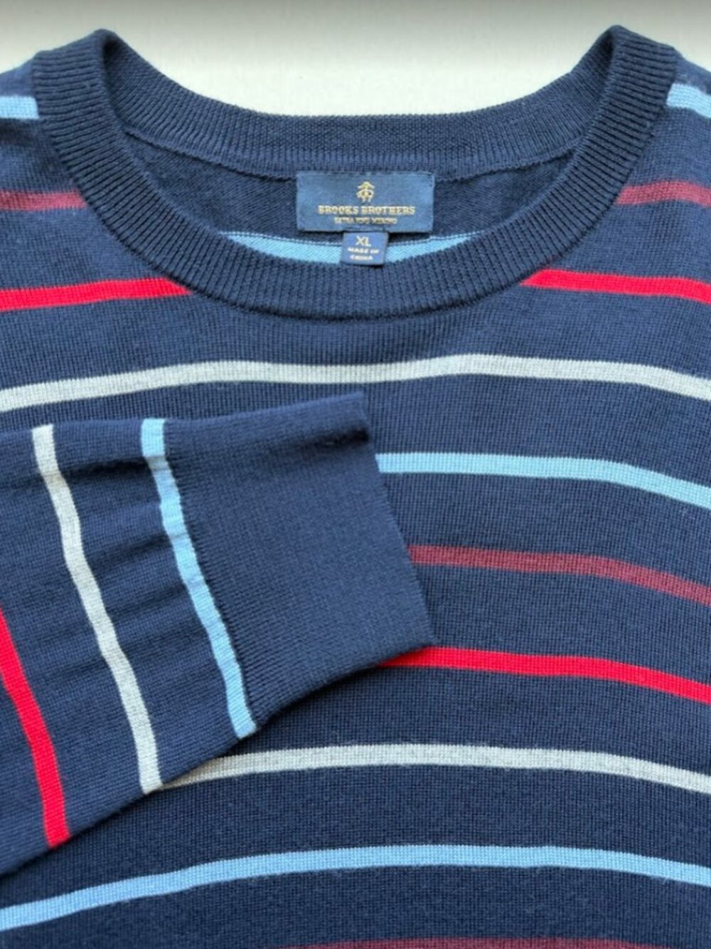 Brooks Brothers XL Extra Fine Merino Wool Striped Crewneck Sweater Navy Red